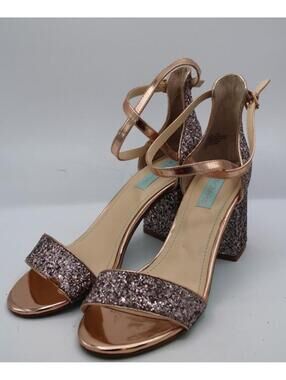 Betsey Johnson Pink Sequin Block Heel Strappy Sandals Women's Size 10M 3" heel